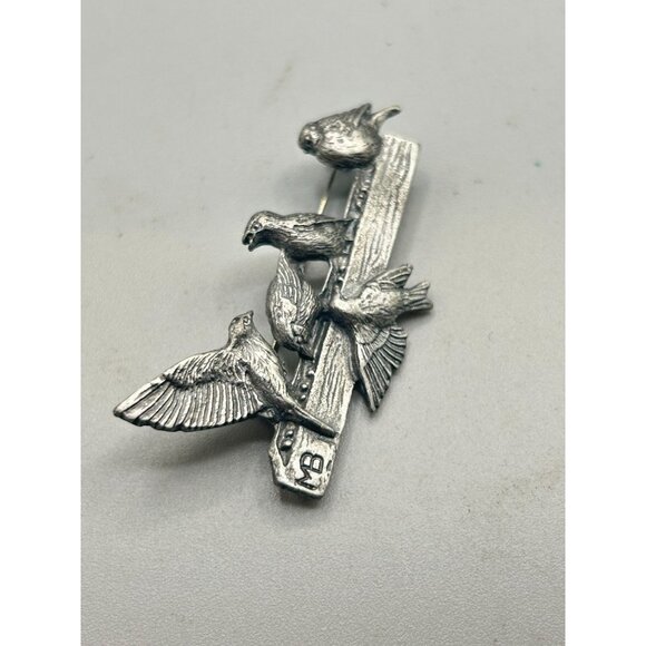 Vintage Birds on a Log Pin Brooch Signed 1999 M. Bastin Pewter Birds Animal Pin - Picture 3 of 6